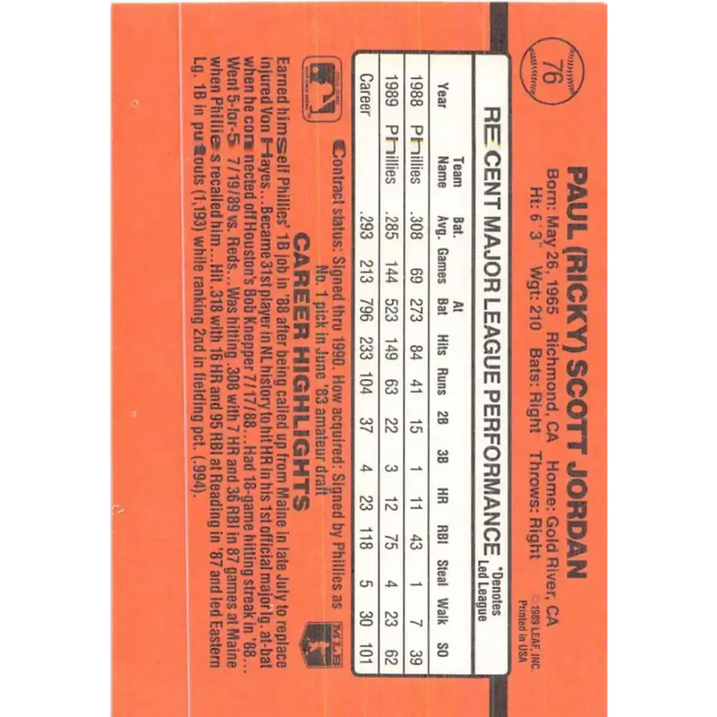1990 Donruss #76 Ricky Jordan VG-EX Philadelphia Phillies Baseball Card - Baseball Card Single