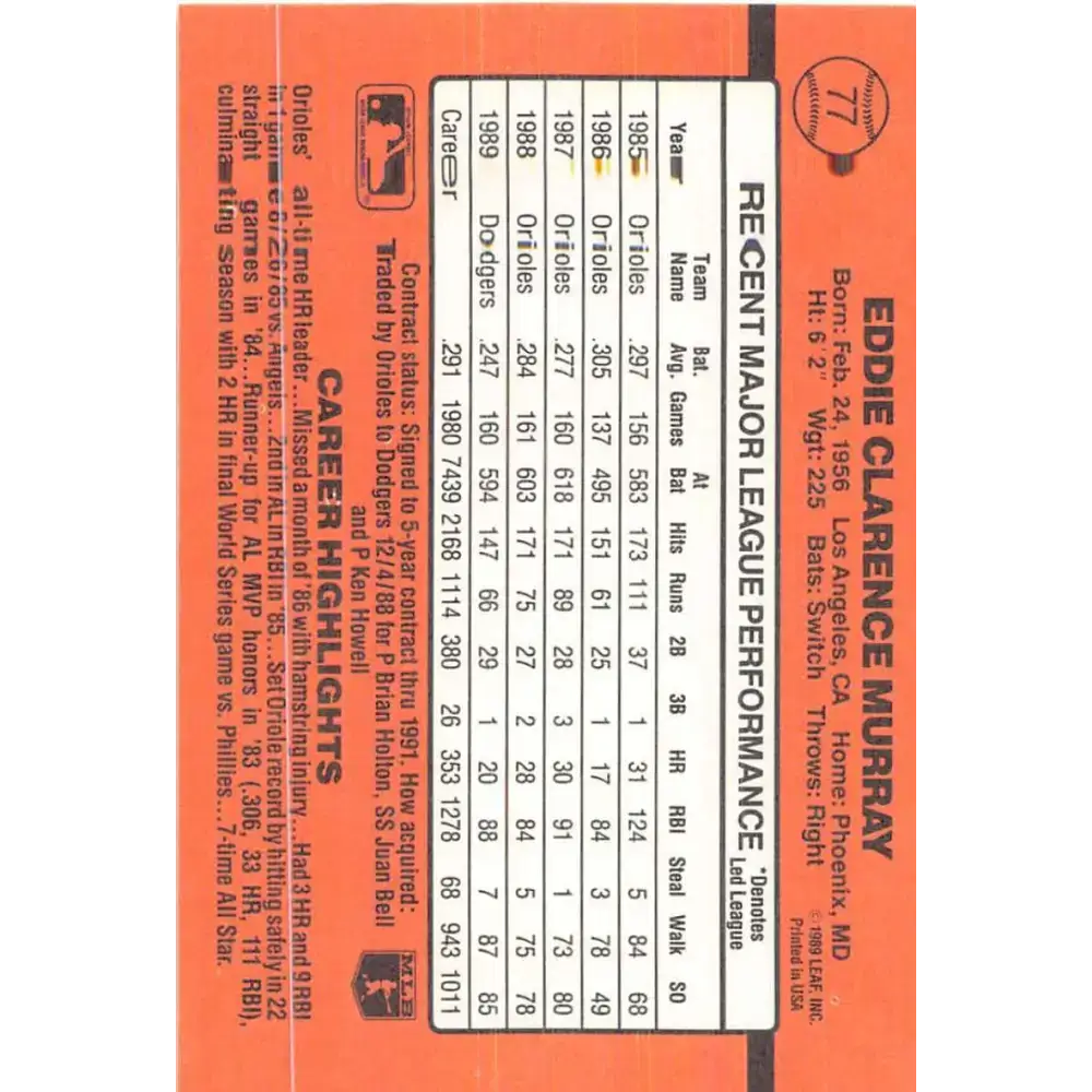1990 Donruss #77 Eddie Murray VG-EX Los Angeles Dodgers Baseball Card - Baseball Card Single