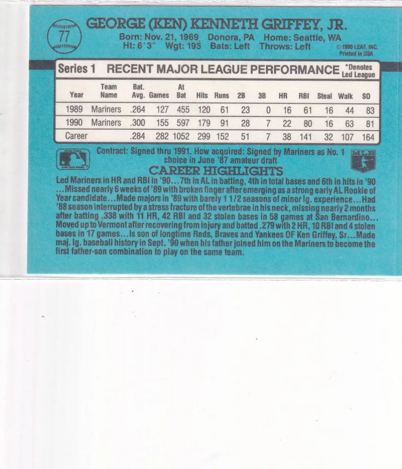 1990 DONRUSS #77 KEN GRIFFEY JR- SEATTLE MARINERS