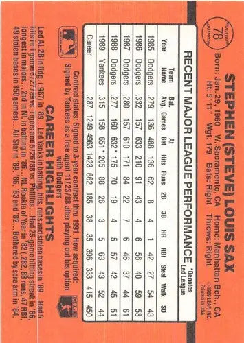 1990 Donruss #78 Steve Sax NM Near Mint Yankees - Baseball Card Single