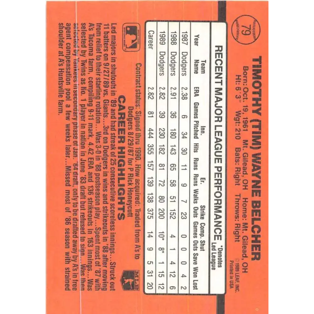1990 Donruss #79 Tim Belcher VG-EX Los Angeles Dodgers Baseball Card - Baseball Card Single