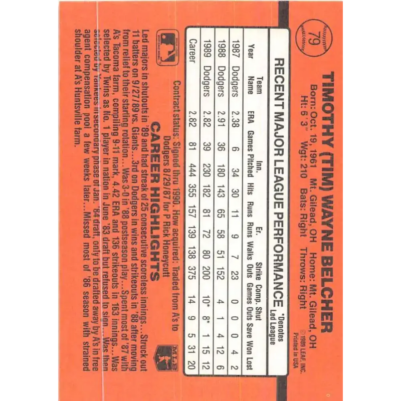 1990 Donruss #79 Tim Belcher VG-EX Los Angeles Dodgers Baseball Card - Baseball Card Single