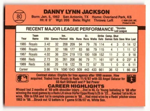 1990 Donruss #80 Danny Jackson Cincinnati Reds Baseball Cards EX/NM ID:54647 - Baseball Card Single