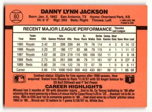 Back of 1990 Donruss Danny Jackson Cincinnati Reds baseball card with original gloss