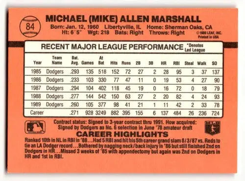 Baseball card back of Mike Marshall Los Angeles Dodgers 1990 Donruss card