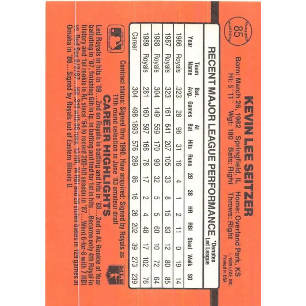 1990 Donruss #85 Kevin Seitzer VG-EX Kansas City Royals Baseball Card - Baseball Card Single
