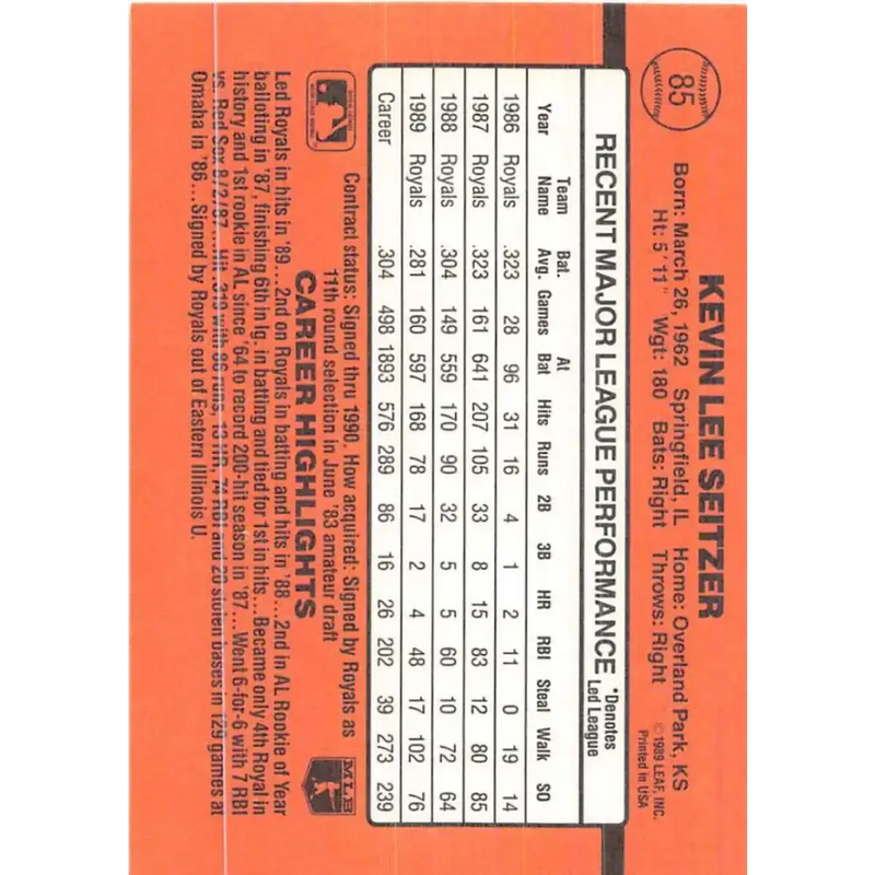 1990 Donruss #85 Kevin Seitzer VG-EX Kansas City Royals Baseball Card - Baseball Card Single