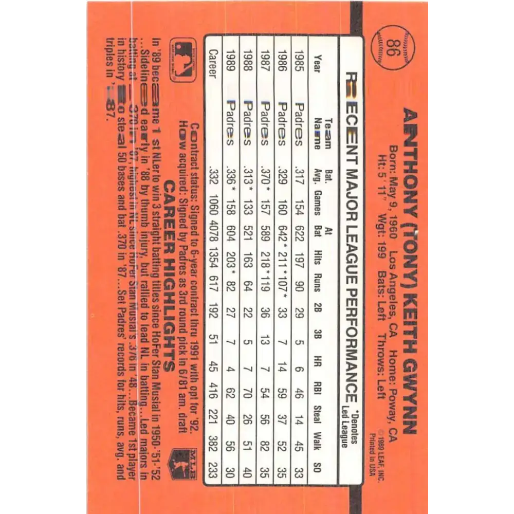 1990 Donruss #86 Tony Gwynn VG-EX San Diego Padres Baseball Card - Baseball Card Single