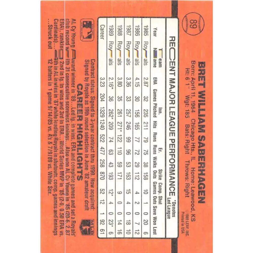 1990 Donruss #89 Bret Saberhagen VG-EX Kansas City Royals Baseball Card - Baseball Card Single