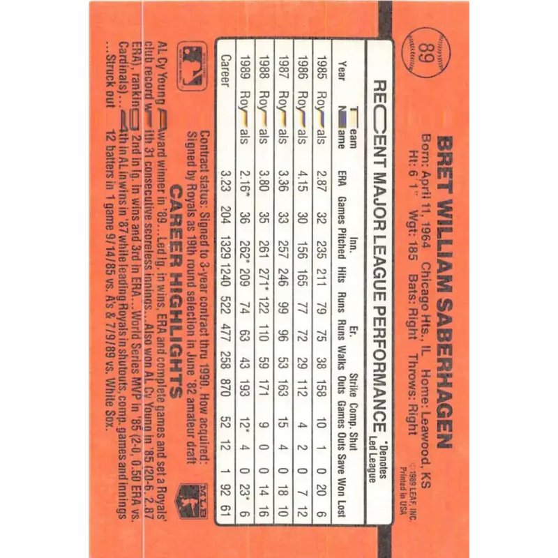 1990 Donruss #89 Bret Saberhagen VG-EX Kansas City Royals Baseball Card - Baseball Card Single