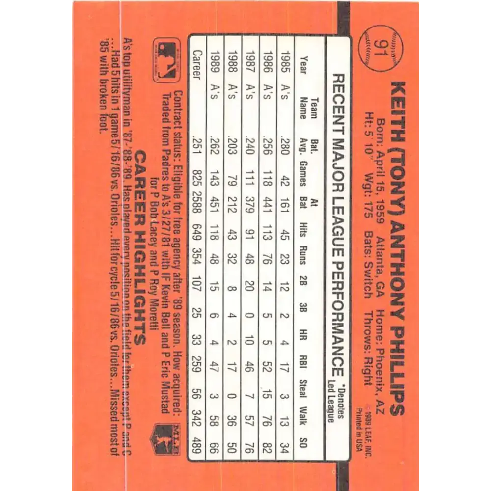 1990 Donruss #91 Tony Phillips VG-EX Oakland Athletics Baseball Card - Baseball Card Single