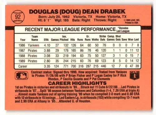 Back of 1990 Donruss Doug Drabek baseball card showcasing original gloss and stats