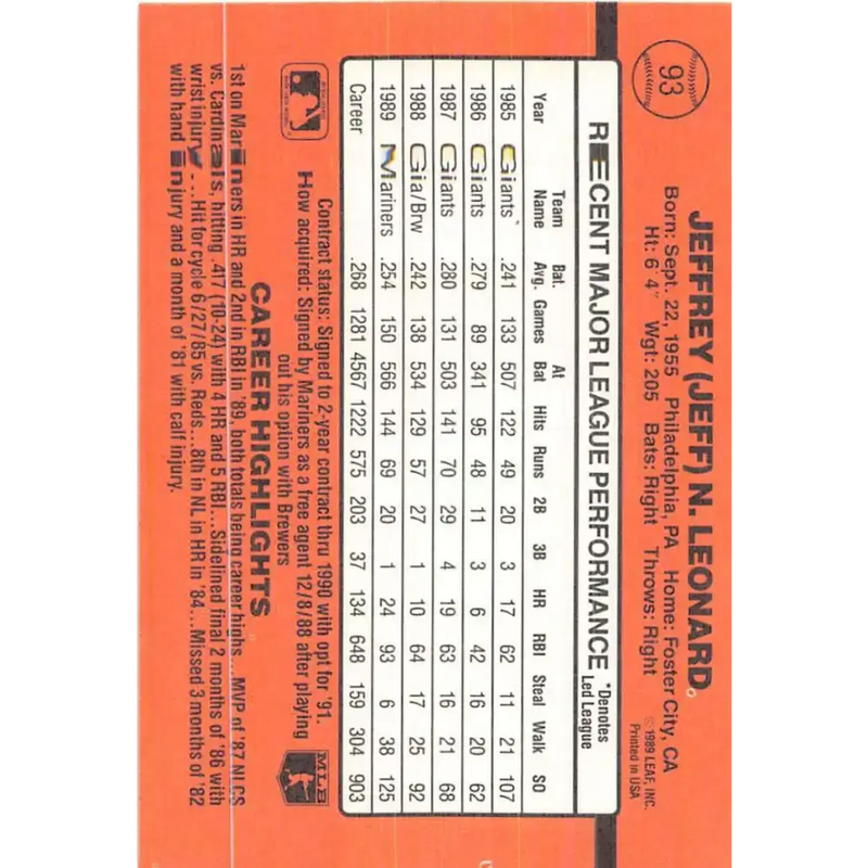 1990 Donruss #93 Jeffrey Leonard VG-EX Seattle Mariners Baseball Card - Baseball Card Single