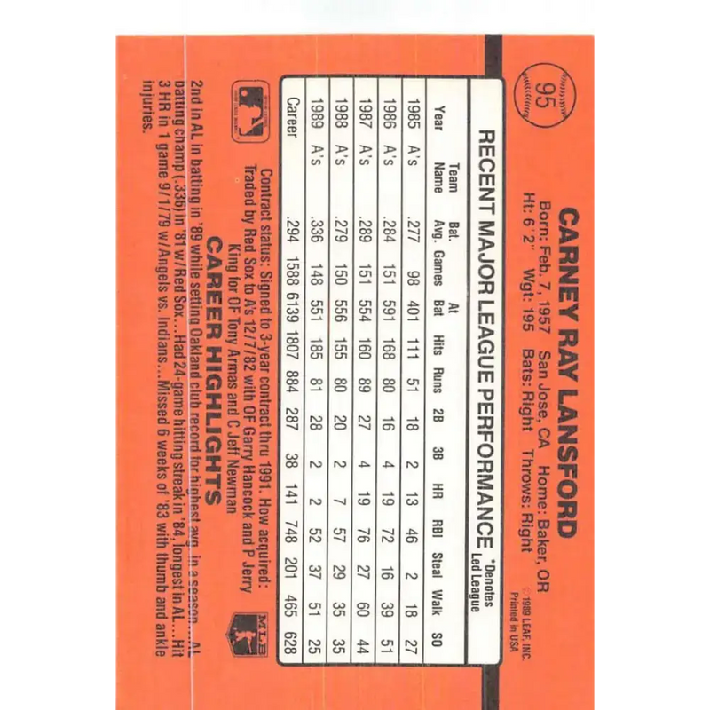 1990 Donruss #95 Carney Lansford VG-EX Oakland Athletics Baseball Card - Baseball Card Single