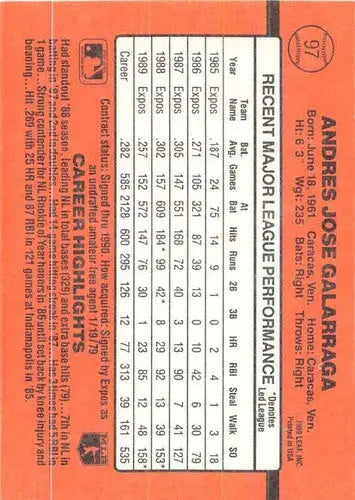 1990 Donruss #97 Andres Galarraga NM Near Mint Expos - Baseball Card Single