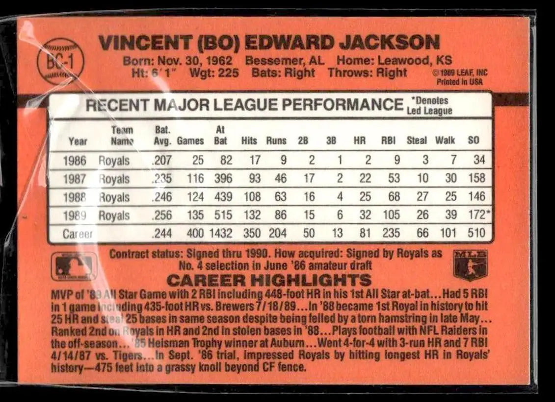 1990 Donruss #BC-1 Bo Jackson Bonus MVP’s - Baseball Card Single