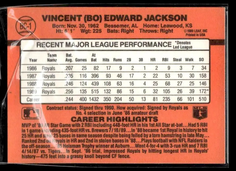 1990 Donruss #BC-1 Bo Jackson Bonus MVP’s - Baseball Card Single