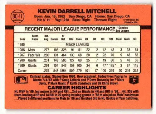 1990 Donruss #BC-11 Kevin Mitchell San Francisco Baseball Cards EX/N ID:57545 - Baseball Card Single
