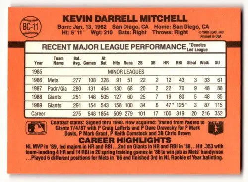 Original gloss Kevin Mitchell San Francisco Giants baseball card 1990 Donruss BC-11