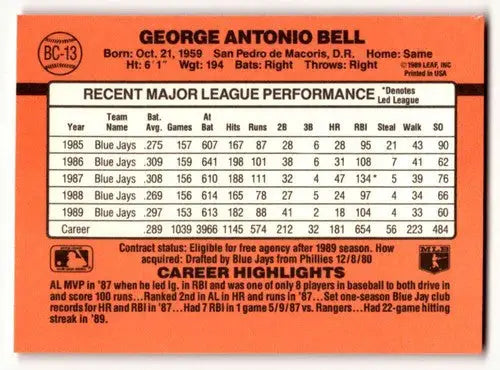 1990 Donruss #BC-13 George Bell Toronto Blue Jays Baseball Cards EX/ ID:62789 - Baseball Card Single