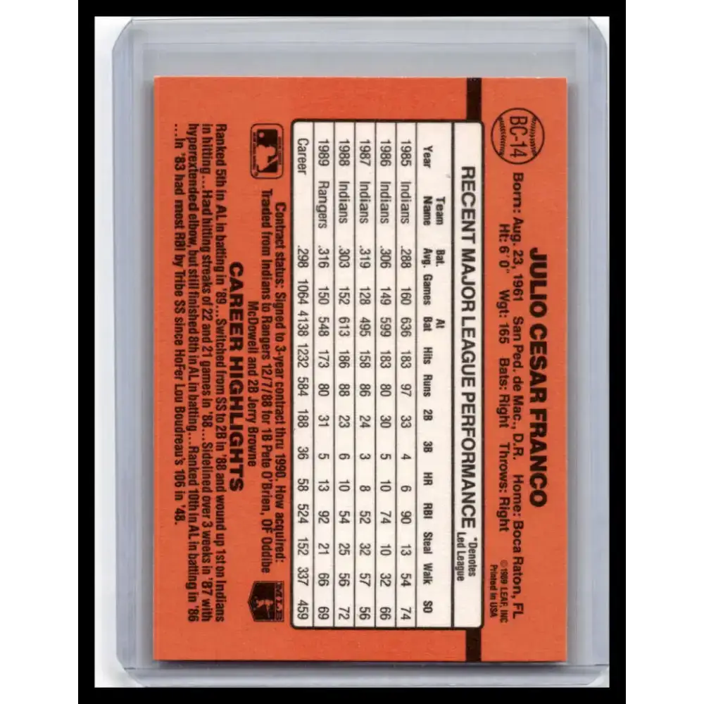 1990 Donruss #BC-14 Julio Franco NM-MT Texas Rangers Baseball Card - Baseball Card Single