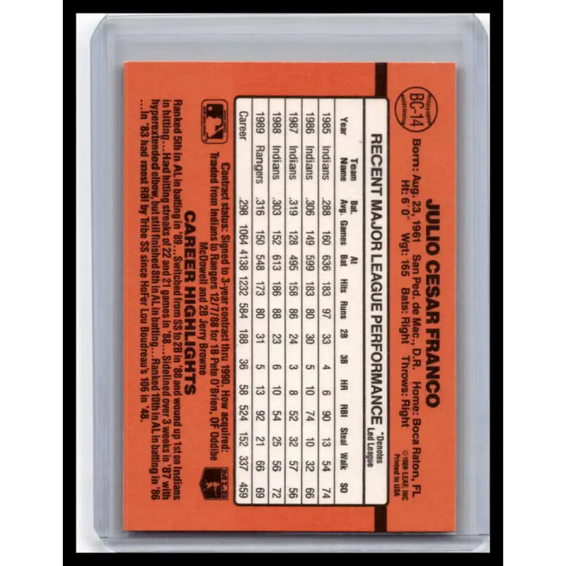 1990 Donruss #BC-14 Julio Franco NM-MT Texas Rangers Baseball Card - Baseball Card Single