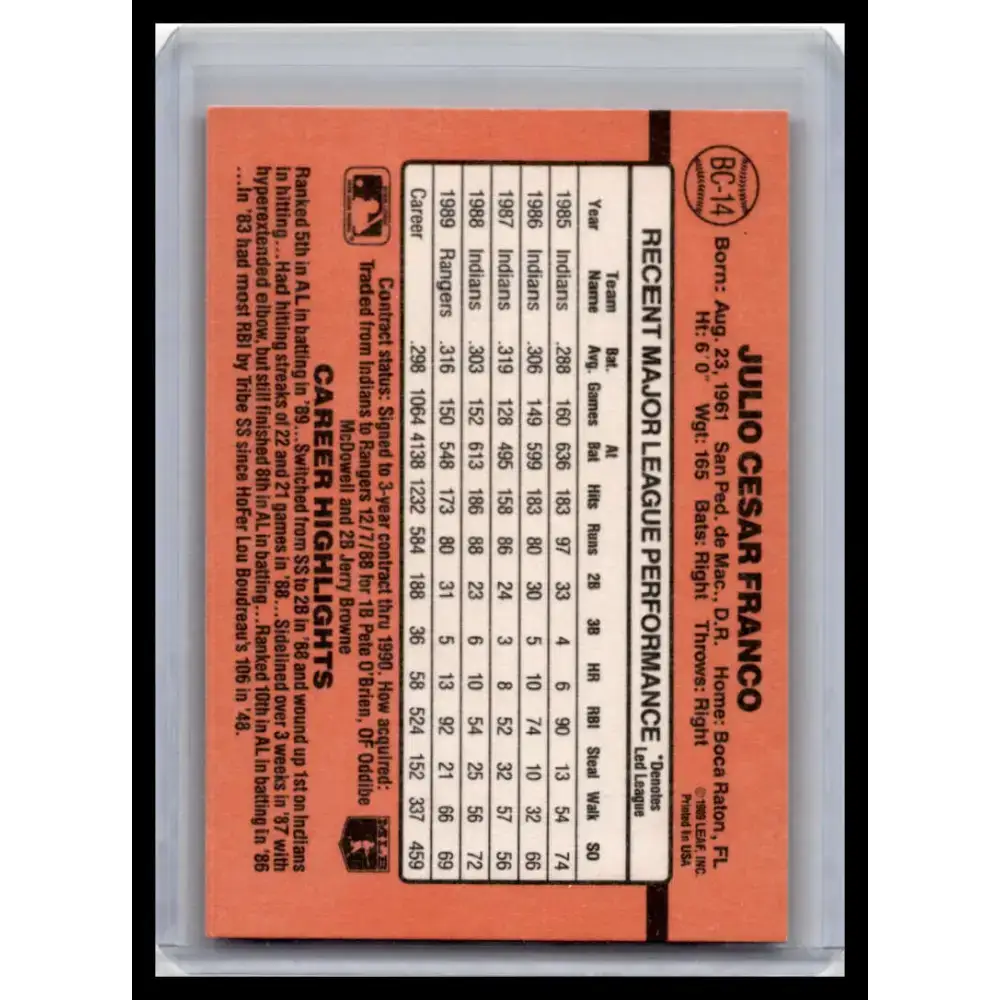1990 Donruss #BC-14 Julio Franco NM-MT Texas Rangers Baseball Card - Baseball Card Single