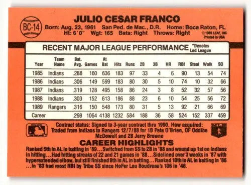 1990 Donruss #BC-14 Julio Franco Texas Rangers Baseball Cards EX/NM ID:62788 - Baseball Card Single
