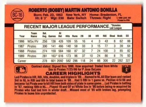 Roberto Bonilla baseball card from 1990 Donruss featuring Bobby Bonilla Pittsburgh Pirates