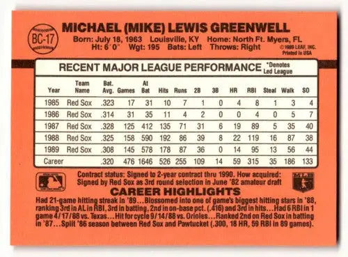 1990 Donruss #BC-17 Mike Greenwell Boston Red Sox Baseball Cards EX/ ID:62785 - Baseball Card Single