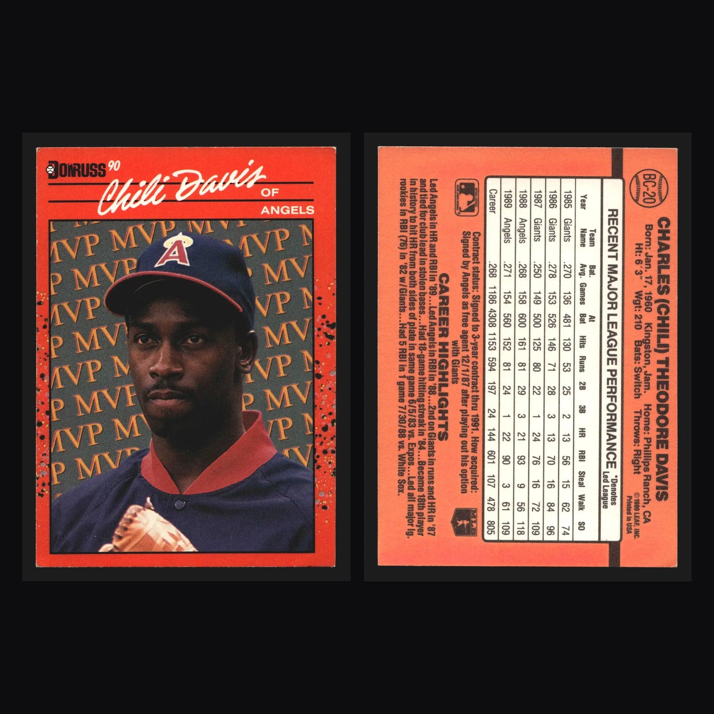 1990 Donruss #BC-20 Chili Davis California Angels Bonus MVP - Baseball Card Single