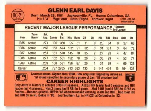 1990 Donruss #BC-21 Glenn Davis Houston Astros Baseball Cards EX/NM ID:56232 - Baseball Card Single