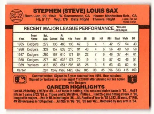 1990 Donruss #BC-22 Steve Sax New York Yankees Baseball Cards EX/NM ID:62801 - Baseball Card Single