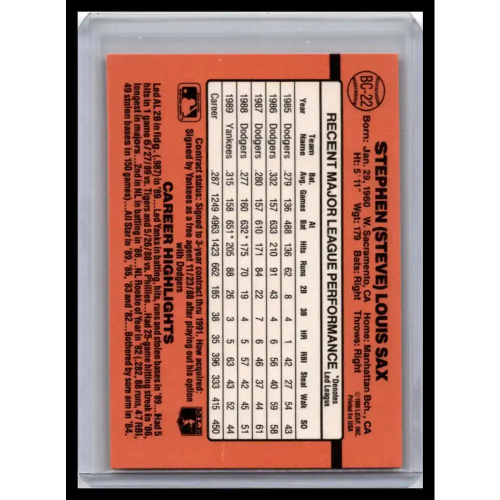 1990 Donruss #BC-22 Steve Sax NM-MT New York Yankees Baseball Card - Baseball Card Single