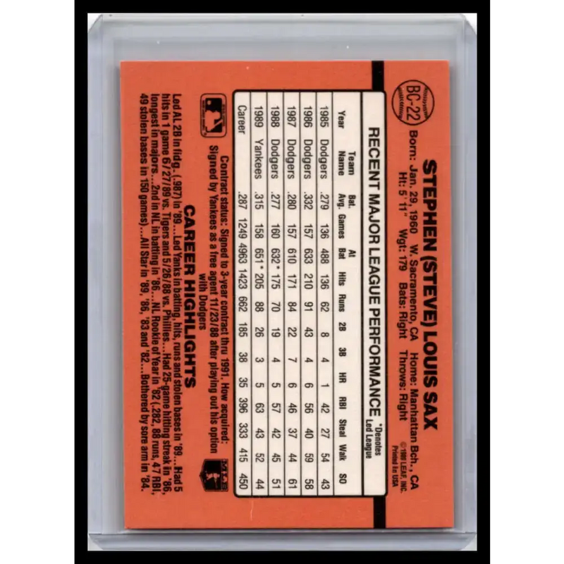 1990 Donruss #BC-22 Steve Sax NM-MT New York Yankees Baseball Card - Baseball Card Single
