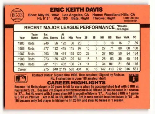 Back of 1990 Donruss Eric Davis Cincinnati Reds baseball card with product ID 54632