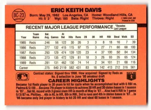 Back of 1990 Donruss Eric Davis Cincinnati Reds baseball card highlighting player statistics