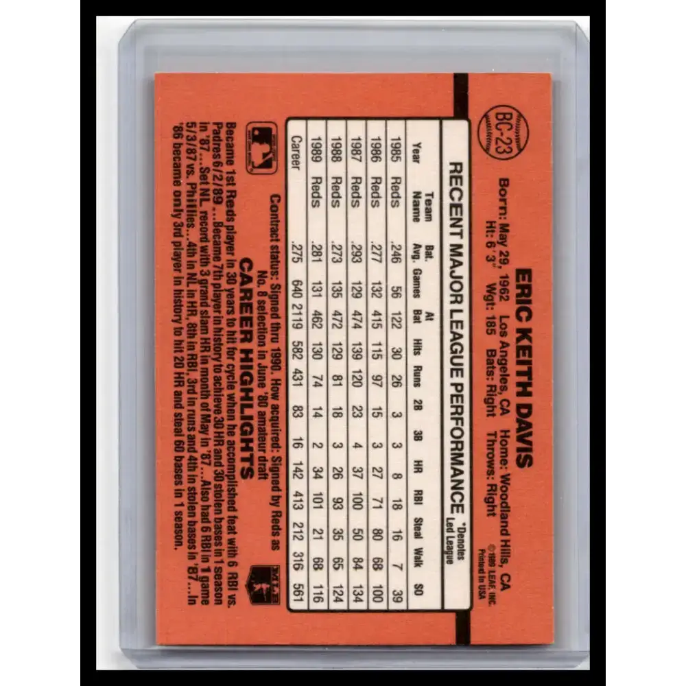 1990 Donruss #BC-23 Eric Davis NM-MT Cincinnati Reds Baseball Card - Baseball Card Single