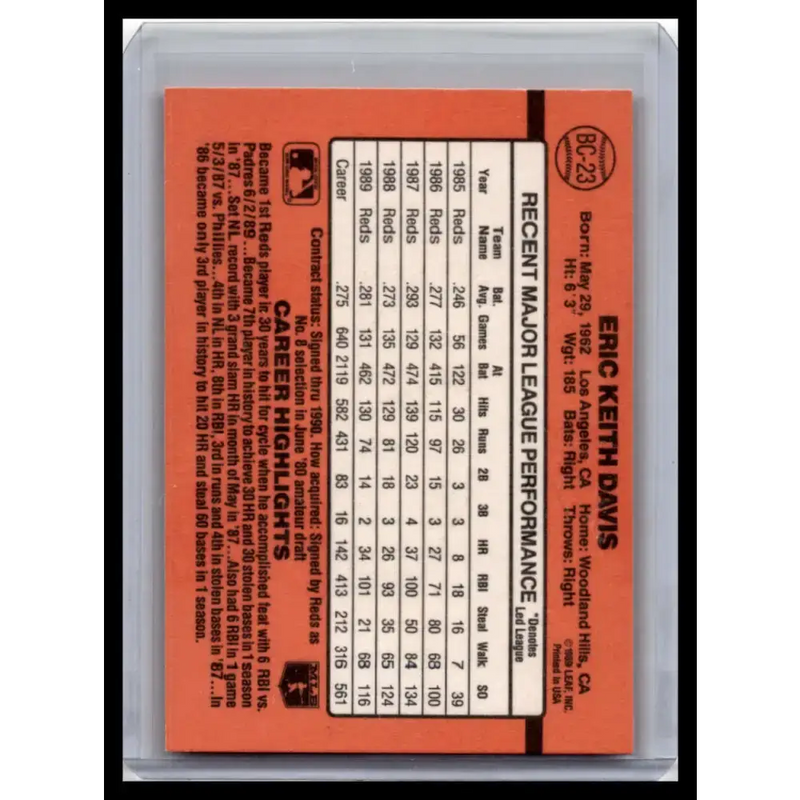 1990 Donruss #BC-23 Eric Davis NM-MT Cincinnati Reds Baseball Card - Baseball Card Single
