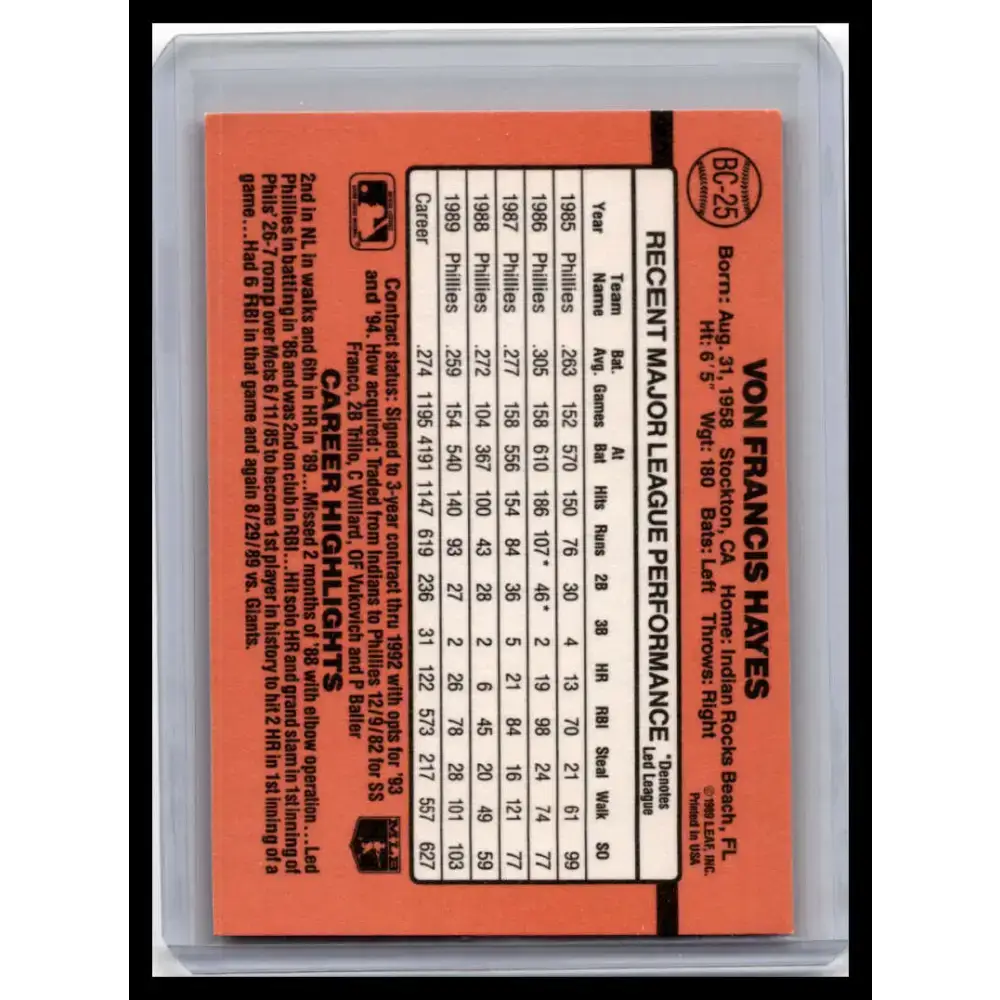1990 Donruss #BC-25 Von Hayes NM-MT Philadelphia Phillies Baseball Card - Baseball Card Single