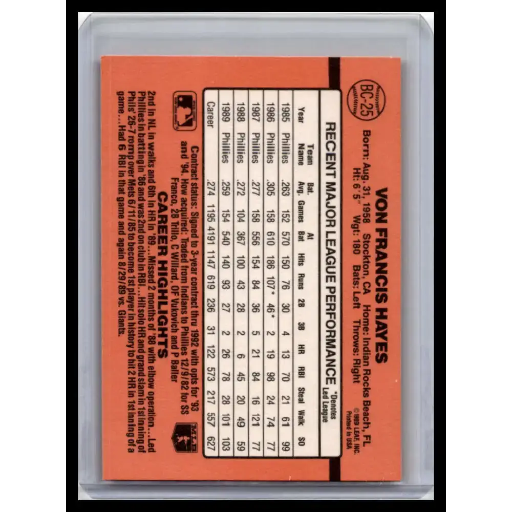 1990 Donruss #BC-25 Von Hayes NM-MT Philadelphia Phillies Baseball Card - Baseball Card Single