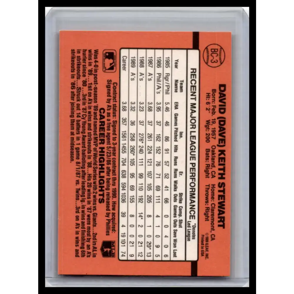 1990 Donruss #BC-3 Dave Stewart NM-MT Oakland Athletics Baseball Card - Baseball Card Single