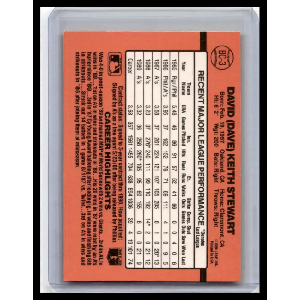 1990 Donruss #BC-3 Dave Stewart NM-MT Oakland Athletics Baseball Card - Baseball Card Single