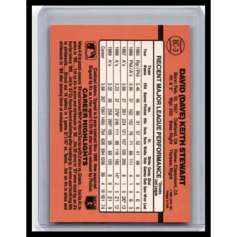 1990 Donruss #BC-3 Dave Stewart NM-MT Oakland Athletics Baseball Card - Baseball Card Single