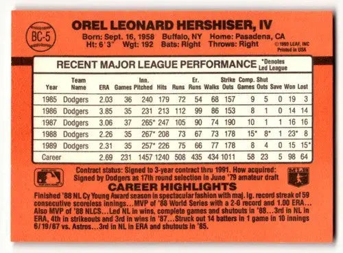 1990 Donruss #BC-5 Orel Hershiser Los Angeles Dodgers Baseball Cards ID:62797 - Baseball Card Single