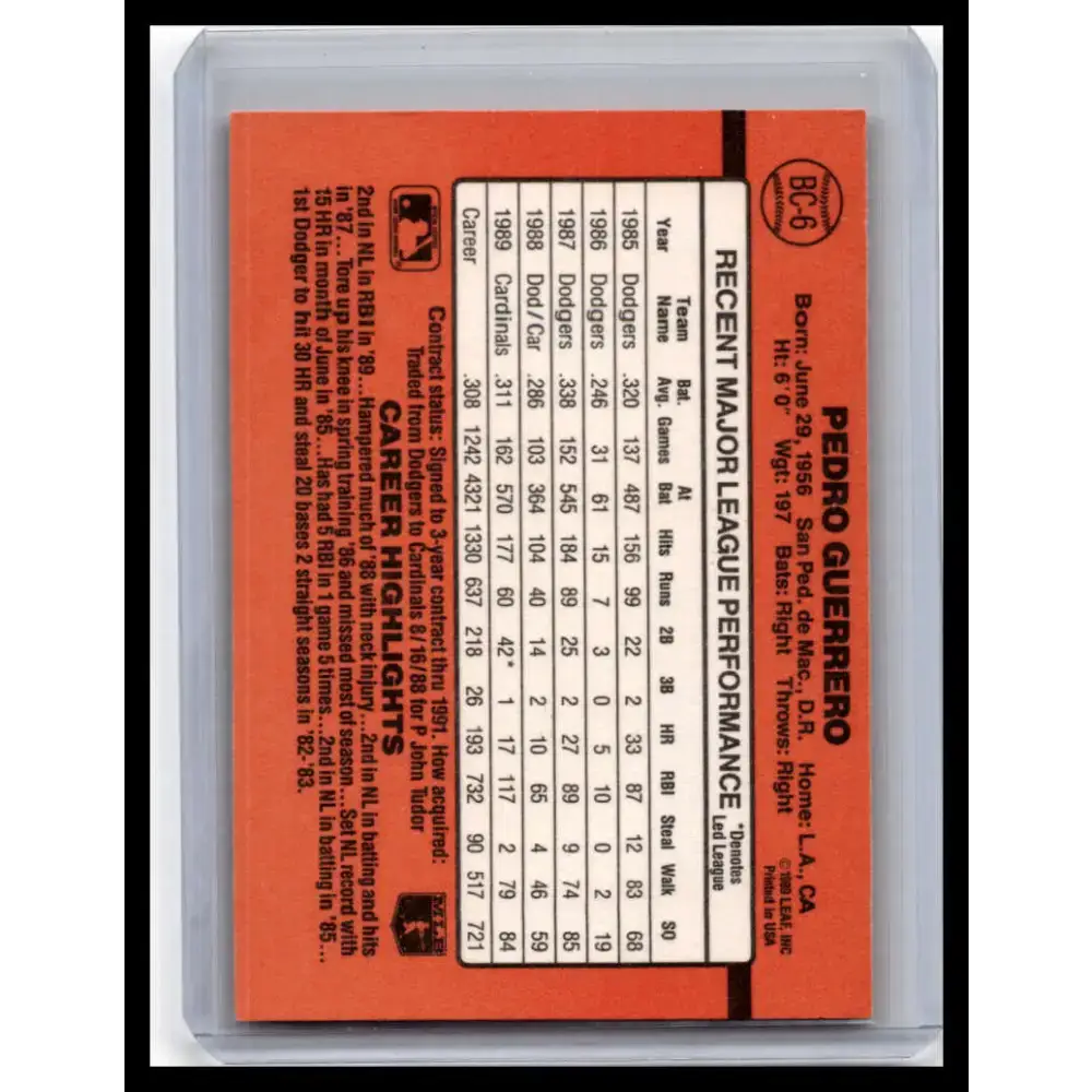 1990 Donruss #BC-6 Pedro Guerrero NM-MT St. Louis Cardinals Baseball Card - Baseball Card Single