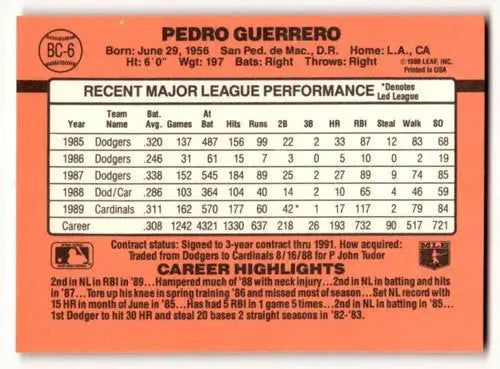 Original gloss Pedro Guerrero St. Louis Cardinals baseball card from 1990 Donruss