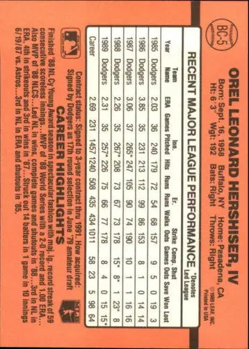 1990 Donruss Bonus MVPs #BC-5 Orel Hershiser NM-MT Dodgers - Baseball Card Single