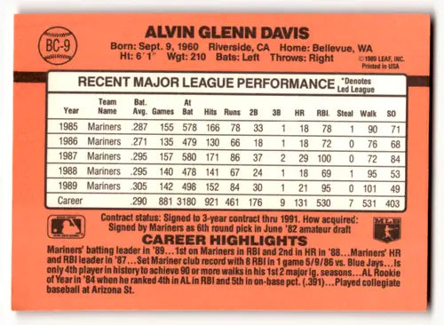 1990 Donruss Bonus MVPs #BC-9 Alvin Davis EX/NM Mariners ID:47184 - Baseball Card Single