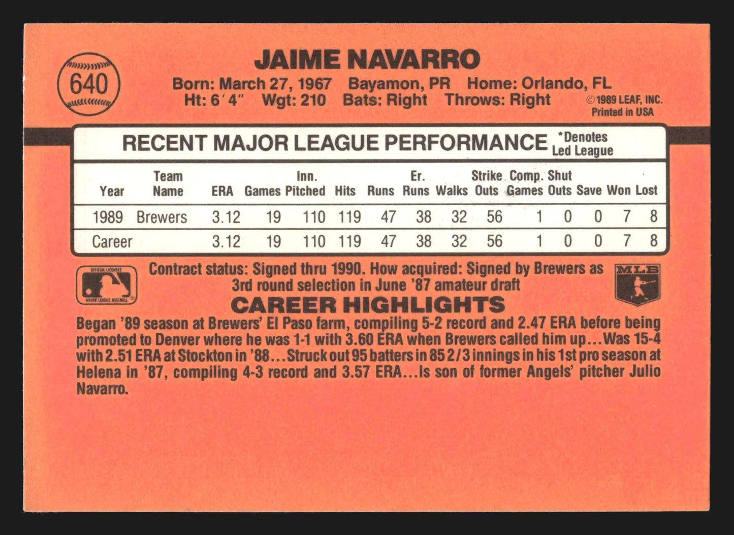 1990 Donruss Jaime Navarro #640 Milwaukee Brewers - Baseball Card Single